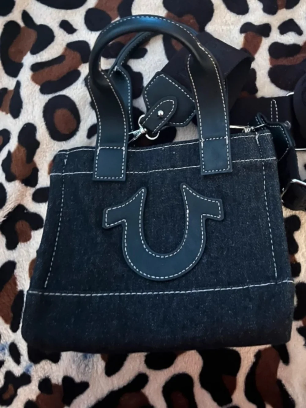 True Religion Black Denim Satchel with Contrasting Stitching